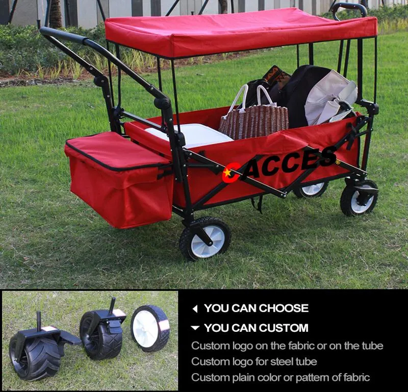 Collapsible Folding Wagon Cart Utility Wagon W/Adjustable Handle Portable Shopping Cart Outdoor Sport Heavy Duty Push Wagon Camping Beach Gardening Trolley